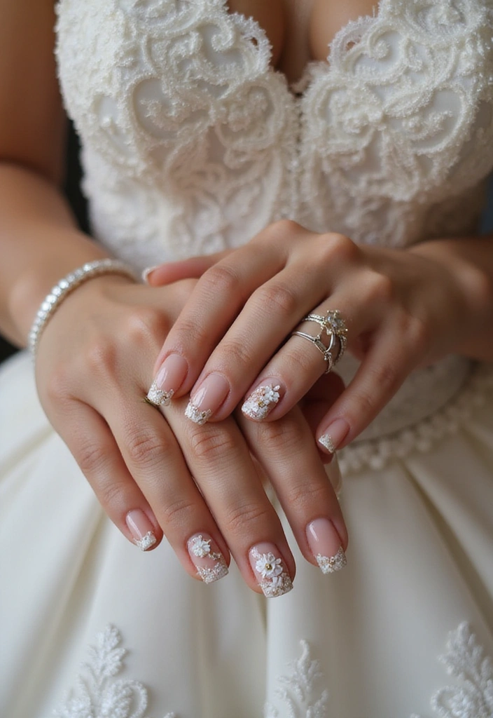 14 Bridal French Tips Every Bride Should Consider (Tip #10 Is a Showstopper!) - 10. 3D Floral Embellishments