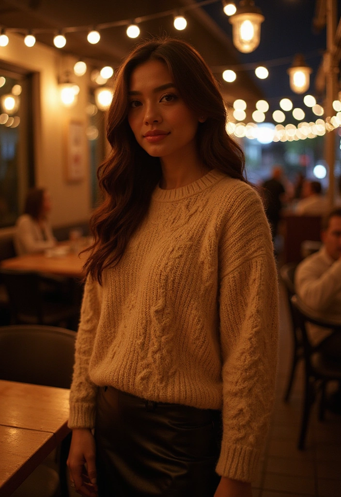 14 Chill Winter Outfits That Keep You Warm and Stylish (You Won’t Believe #4!) - 6. Cable Knit Sweater with Faux Leather Skirt