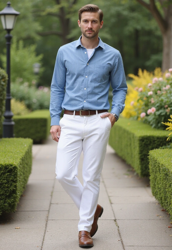 10 Chill Outfits That Redefine Casual Chic (You’ll Want to Copy #3 Right Now!) - 8. Timeless: Chambray Shirt and White Trousers