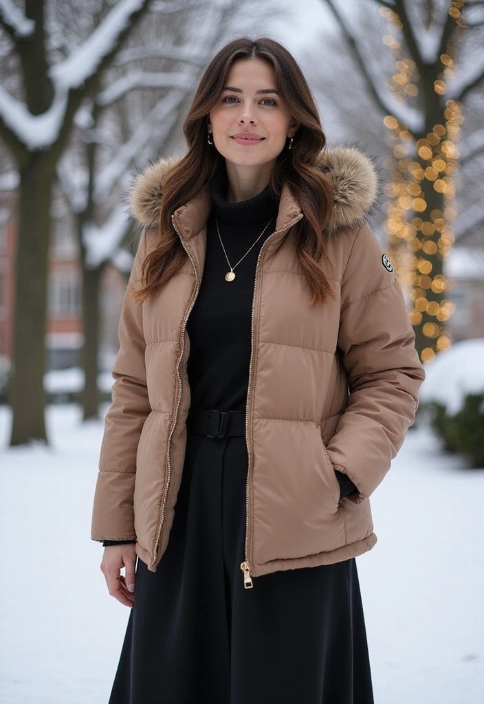 14 Chill Winter Outfits That Keep You Warm and Stylish (You Won’t Believe #4!) - 2. Puffer Jacket Over a Midi Dress